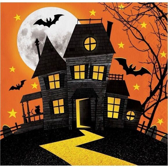 Haunted Hill Halloween Paper Napkins Retired Print * Set Of Two - Picture 1 of 6